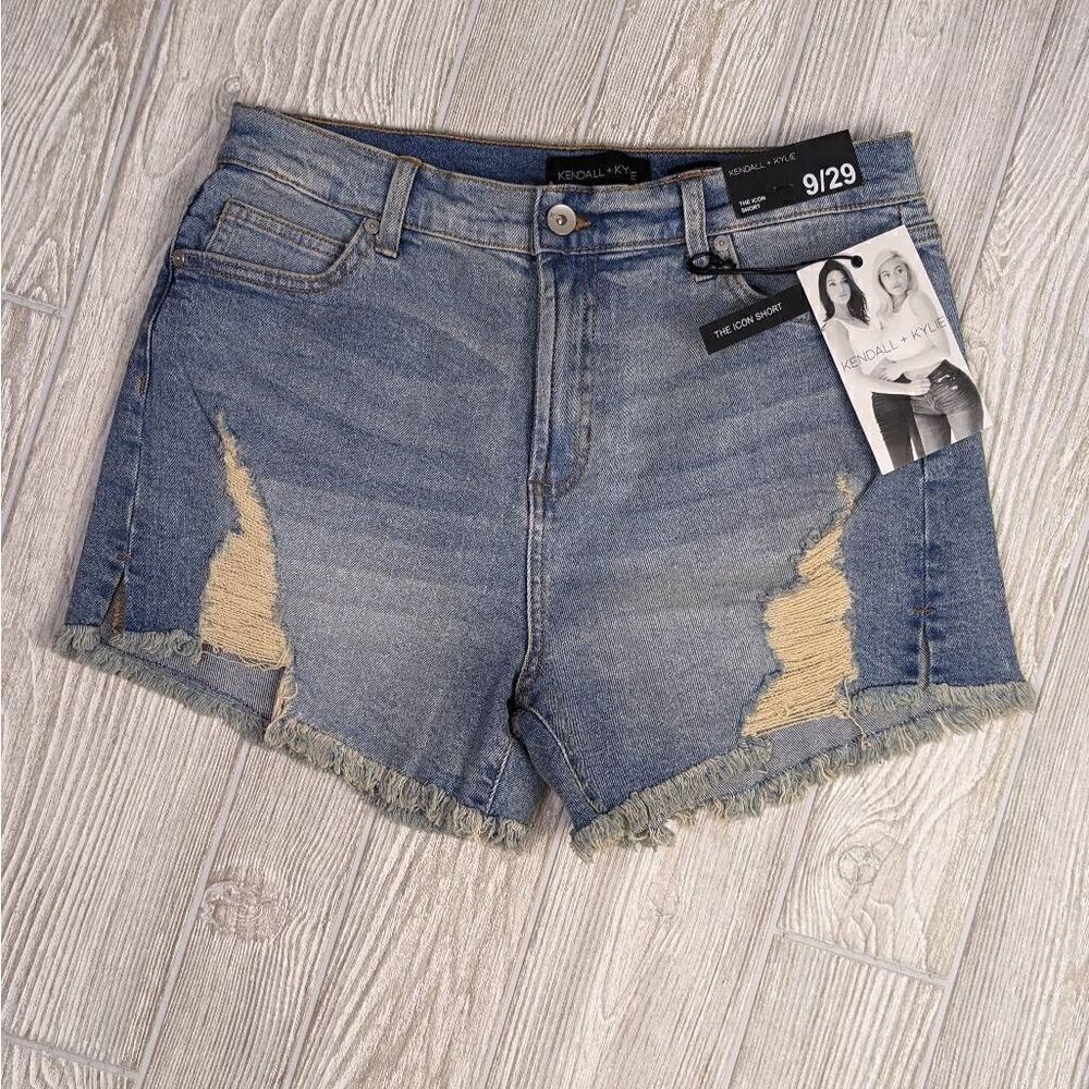 Kendall + Kylie Womens 9/29 The Icon Shorts Denim Blue Distressed Raw Hem NWT